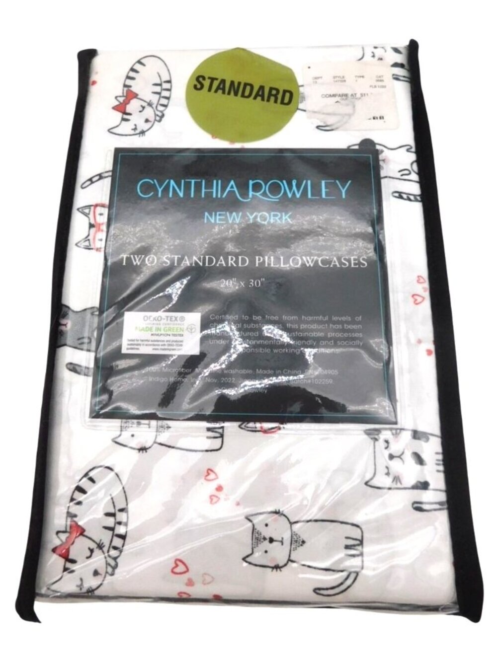 NEW Cynthia Rowley Two Standard Pillowcases 20"x30" Cat Print Microfiber